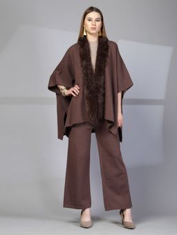 Mafadeny - Women's Brown Front-Open Faux Fur Co-Ord Set