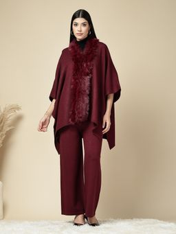 Mafadeny - Women's Maroon Front-Open Faux Fur Co-Ord Set
