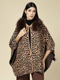 Mafadeny - Khaki Leopard Print Cape with Faux Fur Poncho