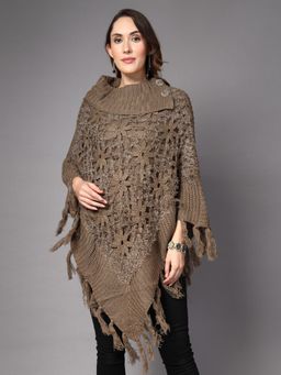 Mafadeny - Brown Crochet with Button and Fringe Trim Poncho