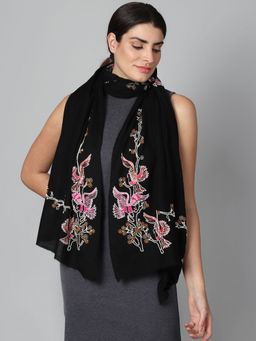 Modarta By Kamakshi - Black Pure Pashmina Stole With Beautiful Birds Hand Embroidery