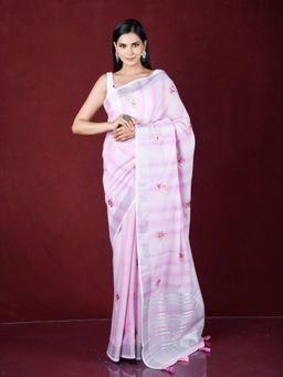 EXCLUSIVA - Pink Thread Embroidery Work Linen Saree with Unstitched Blouse