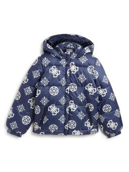 Guess - Blue Printed Hooded Neck Puffer Jacket