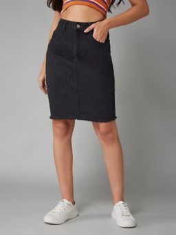 DOLCE CRUDO - Womens Black Bodycon High Rise Clean Look Above Knee Denim Mini Skirt