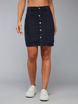 DOLCE CRUDO - Womens Navy Blue Stretchable Solid Bodycon Mini Denim Skirt