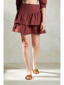 Virgio - Women Pure Cotton Ruffled Brown Mini Skirt