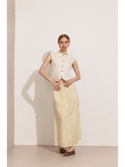 Virgio - Women Linen Striped Pleated Yellow Skirt