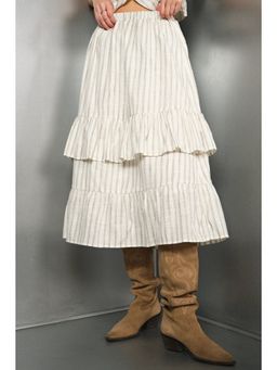 Virgio - Women Pure Cotton Striped Tiered Off White Skirt with Elastic Waist