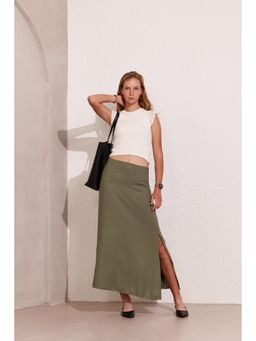 Virgio - Women Linen A-Line Green Skirt Asymmetrical