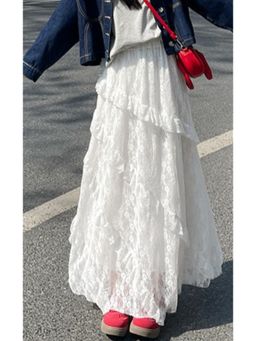 Outzidr - White Mesh Ruffled Skirt