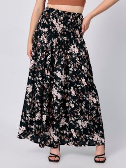 Outzidr - Black Three Tired Maxi Skirt Printed