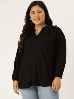 theRebelinme - Plus Size Women Black Solid Color Smocked Detail High Low Top