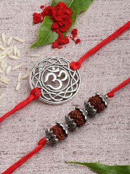 PANASH - Men Set Of 2 Silver-Toned Om & Rudraksha Rakhi With Roli Chawal