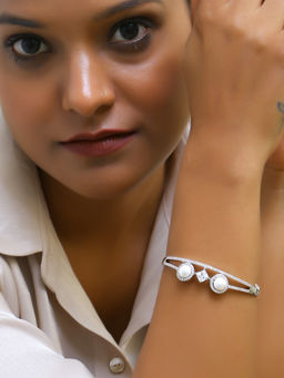 Adwitiya - Rhodium Plated White Cz American Diamond Stone Studded Pearl Beaded Bracelet