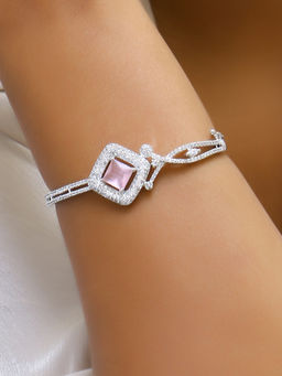 Adwitiya - Rhodium Plated Cz White and Baby Pink Crystal Studded Bracelet