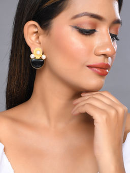 Silvermerc Designs - Gold Plated Pearl and Black Stone Drop Earrings