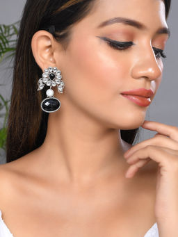 Silvermerc Designs - Silver Plated Black Stone Long Drop Earrings