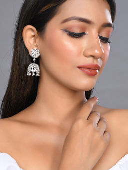 Silvermerc Designs - Silver Plated White American Diamond Jhumka Earrings