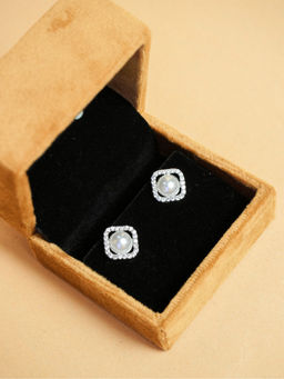 VIRAASI - Rhodium Plated and Cubic Zirconia Studded White Pearls Studs
