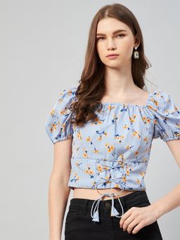 RARE - Women Casual Blue Colour Square Neck Floral Fitted Top