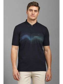 Louis Philippe - Men Navy Blue Patterned Polo Neck T-shirt