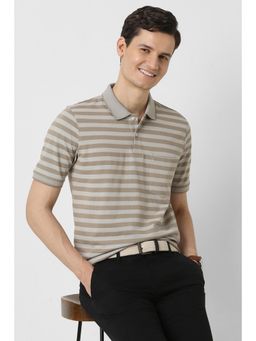 Peter England - Men Beige Stripe Polo T-shirt
