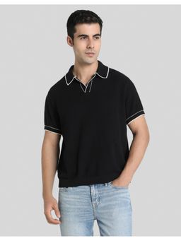 American Eagle - Men Black Tipped Johnny Collar Polo T-shirt