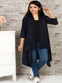 Buynewtrend - Navy Plain Hosiery Lycra Long Shrug for Women