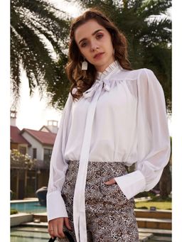 NEOFAA - White Frill Neck Cuff Sleeve Top