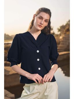 NEOFAA - Navy Front Button Puff Sleeve Stylish Top