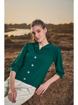 NEOFAA - Green Front Button Puff Sleeve Stylish Top