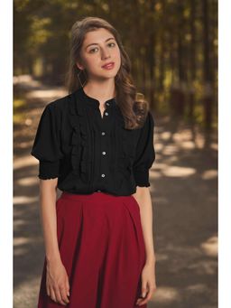 NEOFAA - Black Smocked Puff Sleeve Ruffle Work Top
