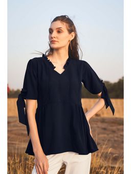 NEOFAA - Navy Knotted Sleeve Ruffle Neck Peplum Top