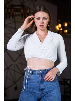 NEOFAA - White Collar Neck Waist Tie Up Crop Top