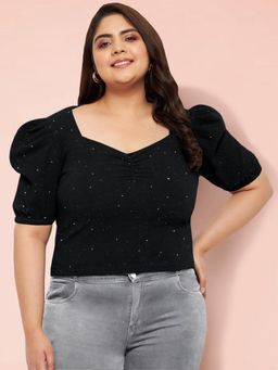 Martini - Black Shimmer Plus Size Puff Sleeve Crop Top