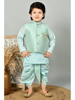 BT DEZINES - Boys Aqua Blue Kurta & Dhoti With Floral Waistcoat (Set of 3)