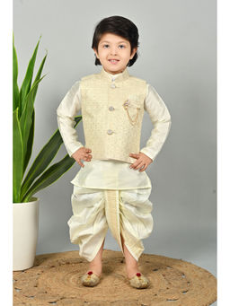 BT DEZINES - Boys Cream Kurta & Dhoti With Floral Waistcoat (Set of 3)