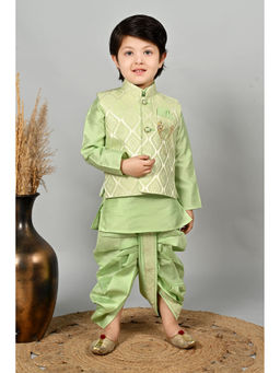 BT DEZINES - Boys Pista Green Kurta & Dhoti With Damask Waistcoat (Set of 3)
