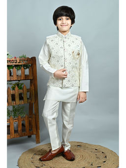 BT DEZINES - Boys White Embroidered Sequins Kurta & Pyjama With Waistcoat (Set of 3)