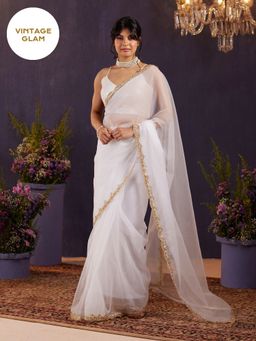 Gajra Gang - Vintage Rani White Sequin Embroidered Scallop Saree