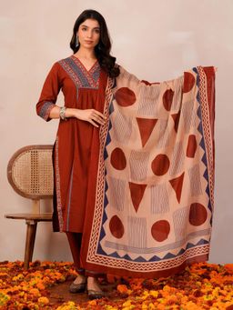 Gahan - Womens Pure Cotton Straight Kurta with Pants & Bold Geometric Printed Dupatta
