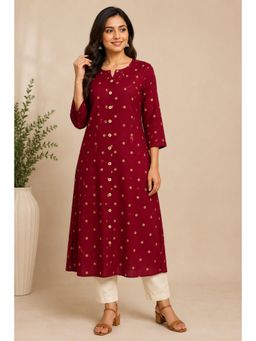 Gahan - Maroon Gold Foil Printed A-Line Rayon Kurta