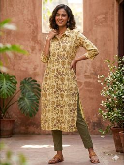 Gahan - Womens Yellow & Brown Floral Printed Cotton Straight Shirt Kurta