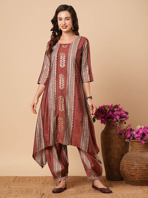 Rust Red Embroidered Co-ord Set  for Women