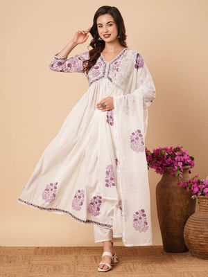 Women White Embroidered Flared Kurta With Trouser And Dupatta main image 1