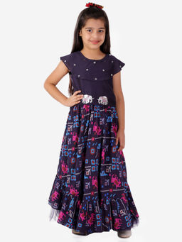 Lil Drama - Girls Stylish Sequined Choli With Printed Ghaghra Set-Navy Blue