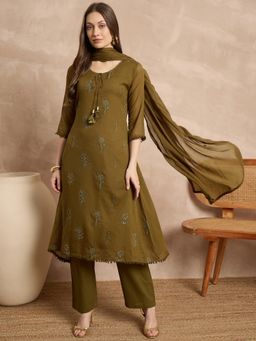 CHETI - Green Embroidered Mulmul Kurta with Pant and Dupatta