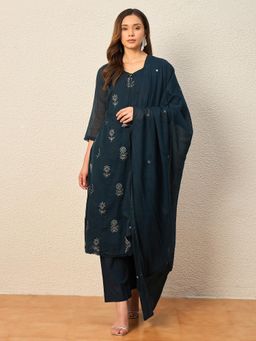 CHETI - Blue Embroidered Mulmul Kurta with Pant and Dupatta