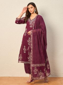 CHETI - Maroon Embroidered Pure Cotton Kurta with Salwar and Dupatta