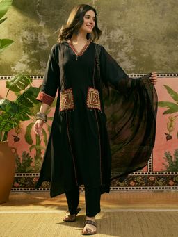Stylum - Black Embellished Rayon A-Line Kurta with Pant and Dupatta